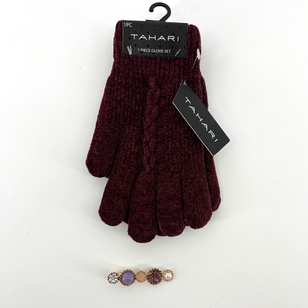 Tahari Womens Burgundy Cable Knit Gloves and Jeweled Purple Hair Clip Set NWT